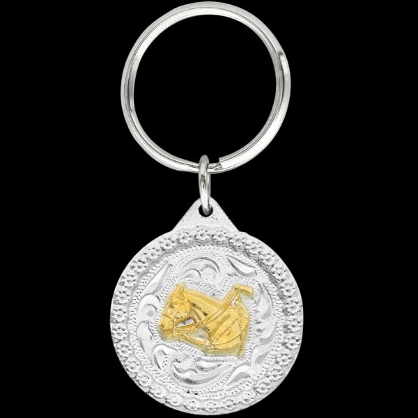 Gold Vaquero, Our Gold Vaquero Keychain includes a beautiful berry border, a vaquero horse 3D figure, and a key ring attachment. Each silver key chain is built with our 